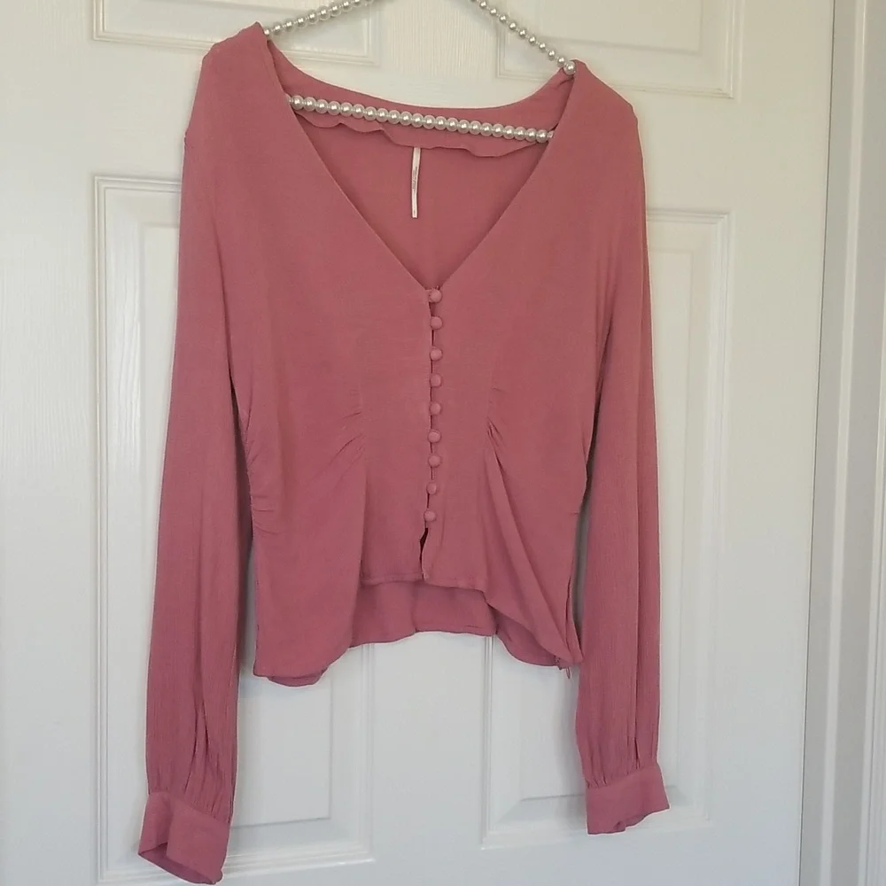 Free People Maise Mauve Rose Color Longsleeve Top V Neck Button Up Shirt